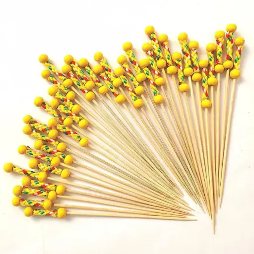 [46806] Yellow Rope Double Beads Natural Wooden Food Picker