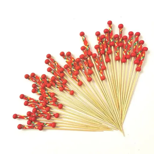 [46862] Red String Double Beads Wooden Food Picker  - 50 pcs