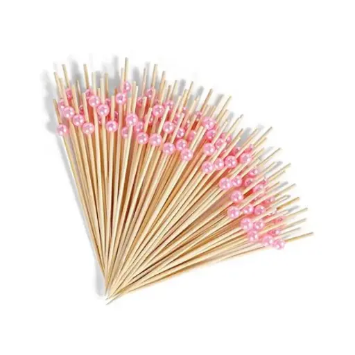 [46864] Pink Beads Natural Wooden Food Pickers 30 pcs