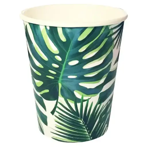 [47006] White and Green Tropical Palm Leaf Paper Party Cups 10 pcs