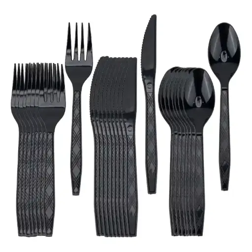 [49387] Black plastic cutlery set 30 pcs