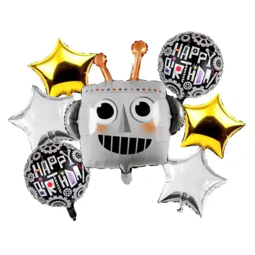 [T-243] Robot Shape Happy Birthday Foil Balloons Set - 7pcs