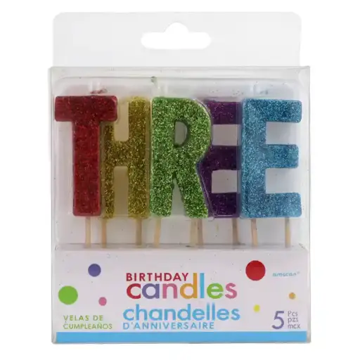 [170336] Letter Birthday Candles – Three Glitter Set, 5 Pcs 