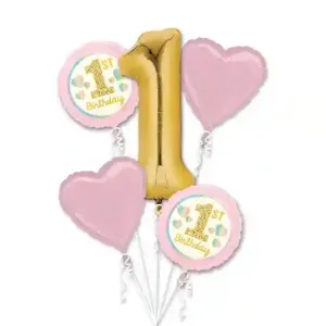 [4037101] Girl's 1st Birthday Pink & Gold Balloon Bouquet – 5 pcs 