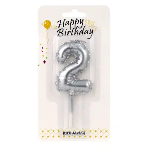 [56510] Silver Birthday Number Candle 2 - Cake Topper - 10cm