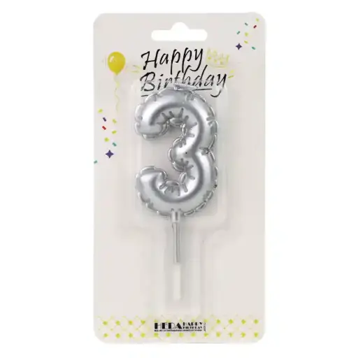 [56512] Silver Birthday Number Candle 3 - Cake Topper - 10cm
