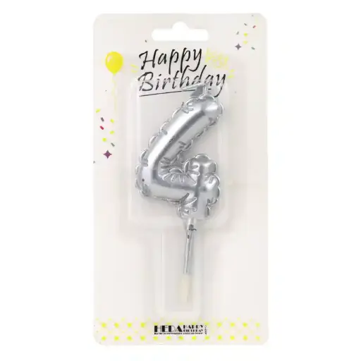 [56514] Silver Birthday Number Candle 4 - Cake Topper - 10cm