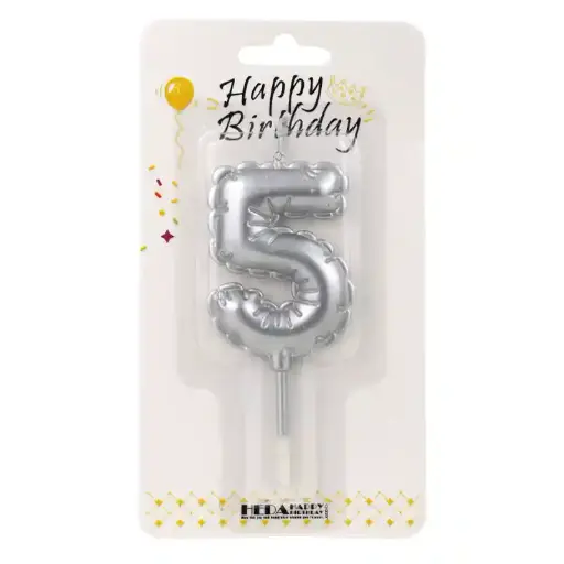 [56516] Silver Birthday Number Candle 5 - Cake Topper - 10cm