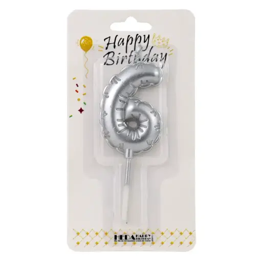 [56518] Silver Birthday Number Candle 6 - Cake Topper - 10cm