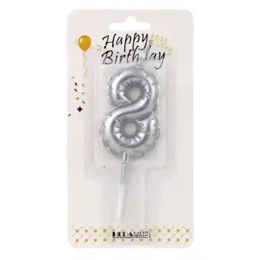 [56522] Silver Birthday Number Candle 8 - Cake Topper - 10cm