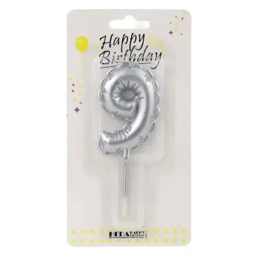 [56524] Silver Birthday Number Candle 9 - Cake Topper - 10cm