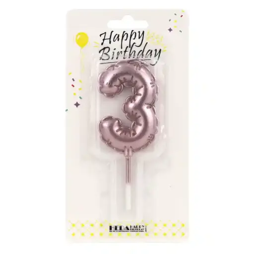 [56532] Rose Gold 3 Birthday Number Candle - Cake Topper - 10cm