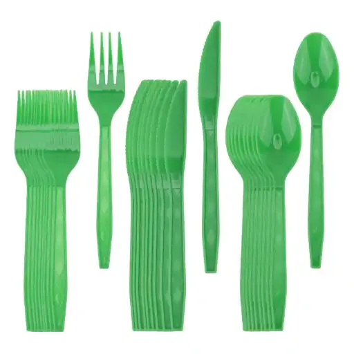 [56195] Green plastic cutlery set 30 pcs