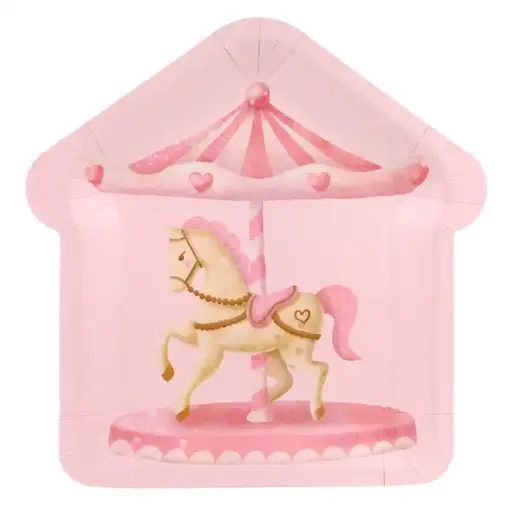 [56374] Pink Carousel Square Paper Plates 9 Inch – 8 Pcs