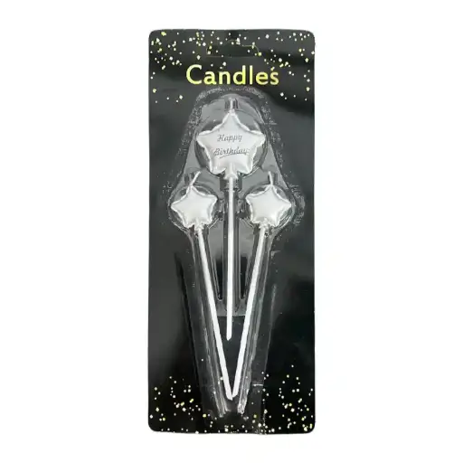 [56769] Silver Star Cake Candles – 12cm Set of 3, Party Cake Toppers
