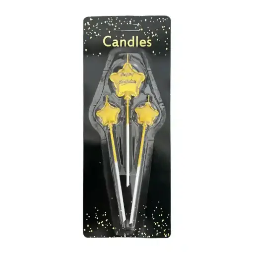 [56771] Gold Star Cake Candles – 12cm Set of 3, Birthday Cake Toppers