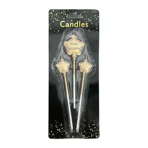 [56773] Champagne Gold Star Cake Candles – 12cm Set of 3, Birthday Toppers
