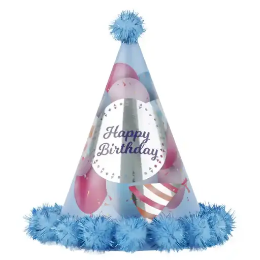 [56981] Kids Birthday Party Hat with Blue Pom-Poms, 18 cm