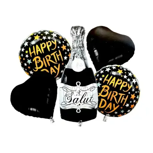 [00057237] Happy Birthday Champagne 5 in 1 Black Foil Balloon Set