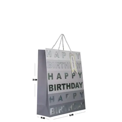 [00057597] Silver Happy Birthday Gift Bag – Small (23 × 18 × 10 cm)