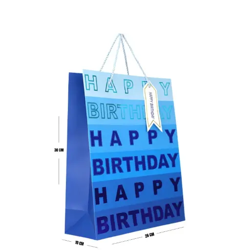 [00057605] Blue Happy Birthday Gift Bag – Medium (30 × 26 × 10 cm)