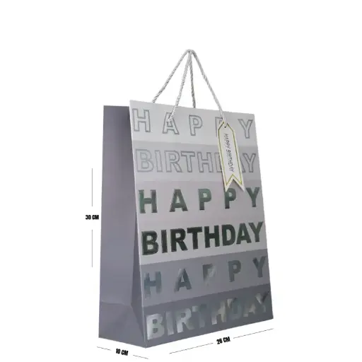 [00057607] Silver Happy Birthday Gift Bag – Medium (30 × 26 × 10 cm)