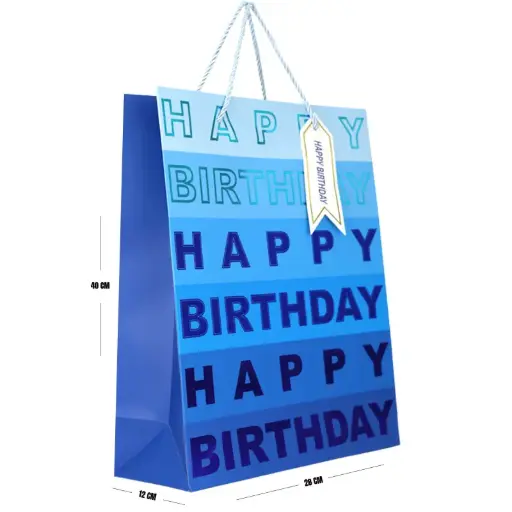 [00057611] Blue Happy Birthday Gift Bag – Large (40 × 28 × 12 cm)
