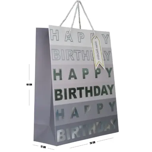[00057613] Silver Happy Birthday Gift Bag – Large (40 × 28 × 12 cm)