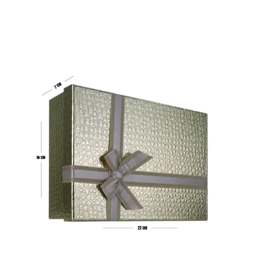 [00057655] Champagne Gold Elegant Textured Gift Box with Ribbon – 22 x 16 x 7 cm
