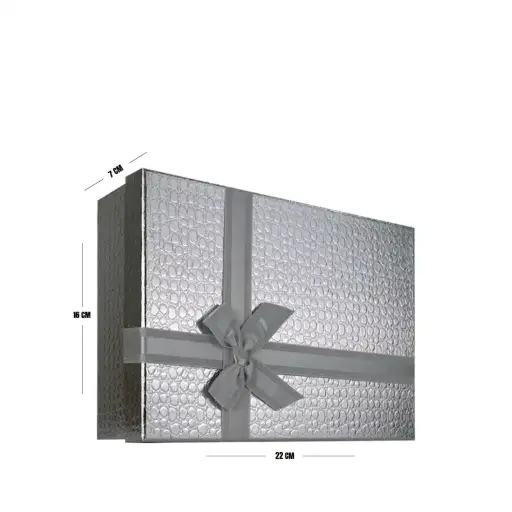 [00057657] Silver Textured Gift Box with Ribbon – 22 x 16 x 7 cm