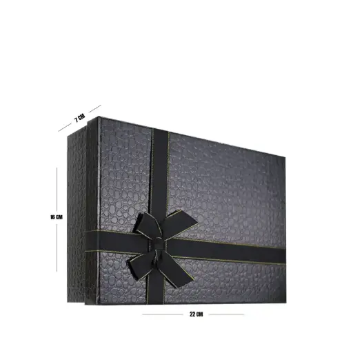 [00057659] Black Elegant Textured Gift Box with Ribbon – 22 x 16 x 7 cm