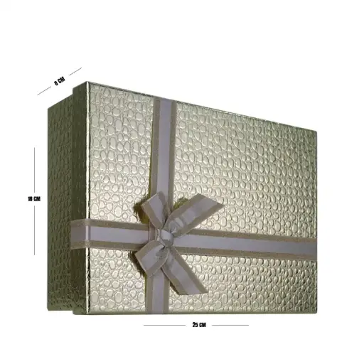 [00057667] Champagne Gold Luxury Textured Gift Box with Ribbon – 25 x 18 x 8 cm