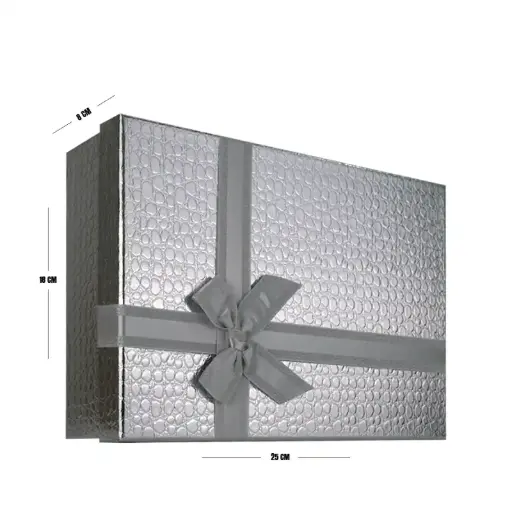 [00057669] Silver Luxury Textured Gift Box with Ribbon – 25 x 18 x 8 cm