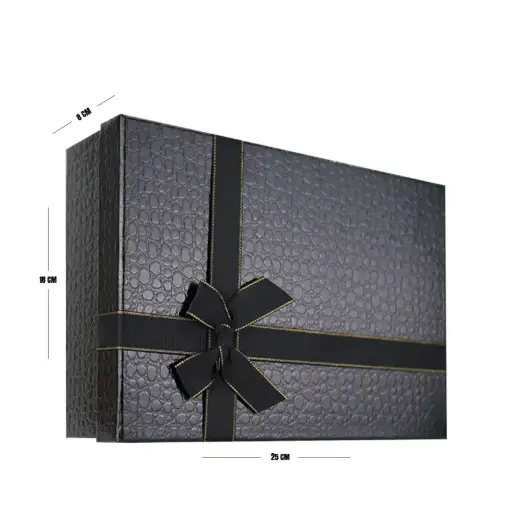 [00057671] Black Luxury Textured Gift Box with Ribbon – 25 x 18 x 8 cm