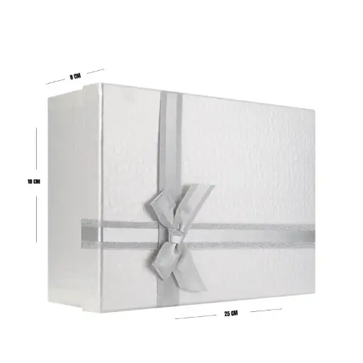[00057673] White Textured Gift Box with Silver Ribbon – 25 x 18 x 8 cm