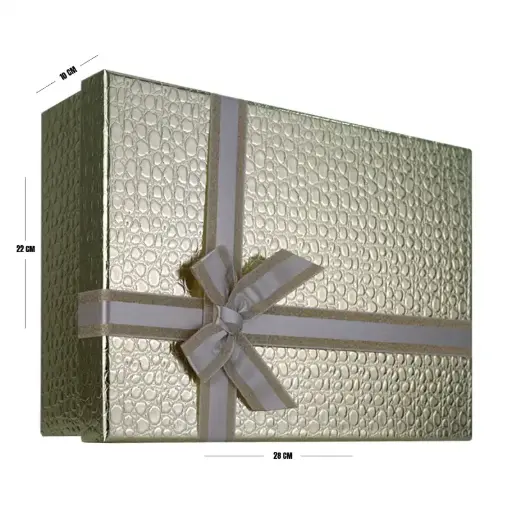 [00057679] Champagne Gold Premium Textured Gift Box with Ribbon – 28 x 22 x 8 cm