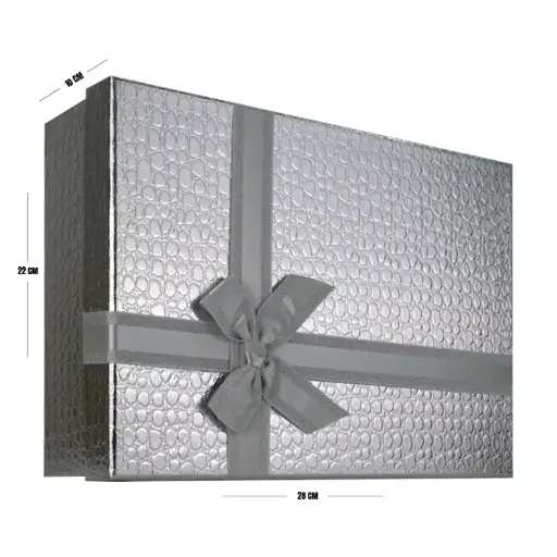 [00057681] Silver Luxury Textured Gift Box with Ribbon – 28 x 22 x 8 cm