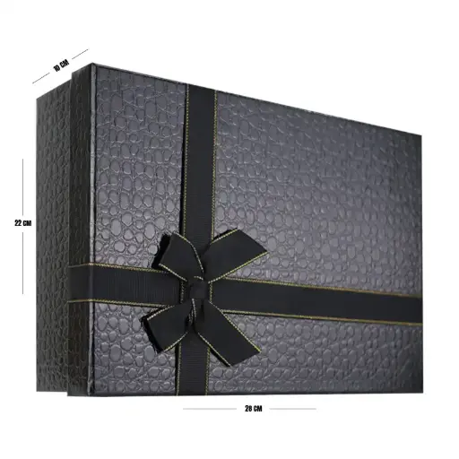 [00057683] Black Premium Textured Gift Box with Ribbon – 28 x 22 x 8 cm