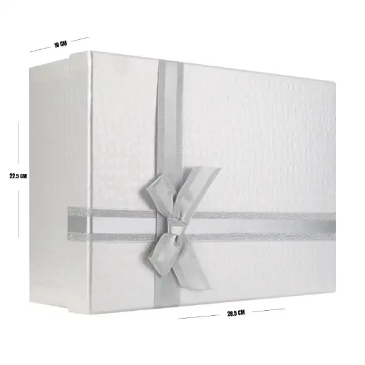 [00057685] White Textured Gift Box with Silver Ribbon – 28.5 x 22.5 x 10 cm
