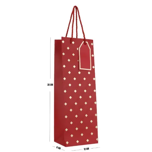 Red Wine Gift Bag – Diamond Print Paper Bottle Bag with Matching Tag 35×12×9 cm 
