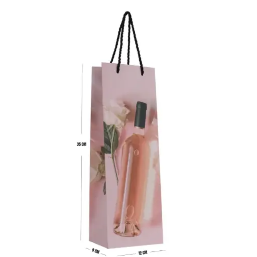 Rose Wine Gift Bag – Pink Paper Bottle Bag with Floral Print & Rope Handles 35×12×9 cm