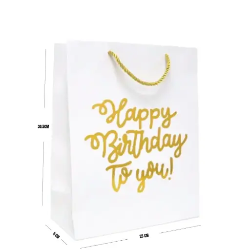 Small Black Gift Bag – Happy Birthday Paper Bag with Gold Print for Presents 17×9×22 cm