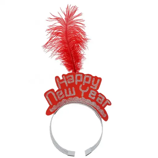 New Year Crown Faux Feather Decor Headband Red