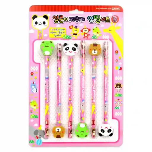 Animal Head Pencil Set – Cute Cartoon Erasers - 6 pcs
