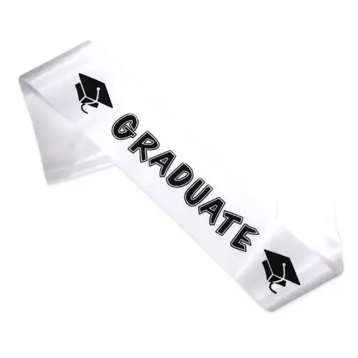 Graduate Sash – White with Black Graduation Cap