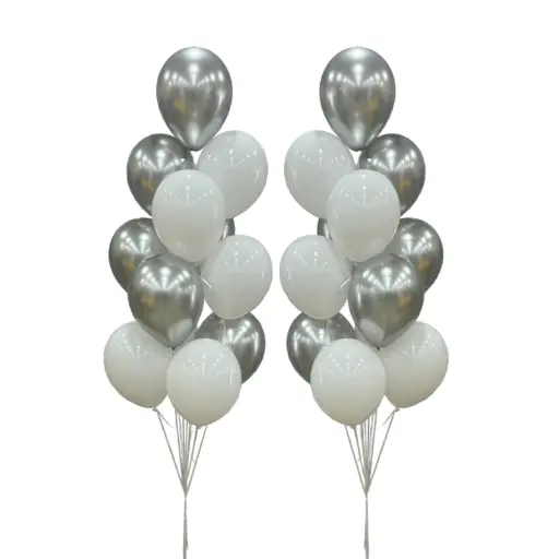 White and Chrome Silver Balloon Bouquet – Helium Latex Set of Two with Weights