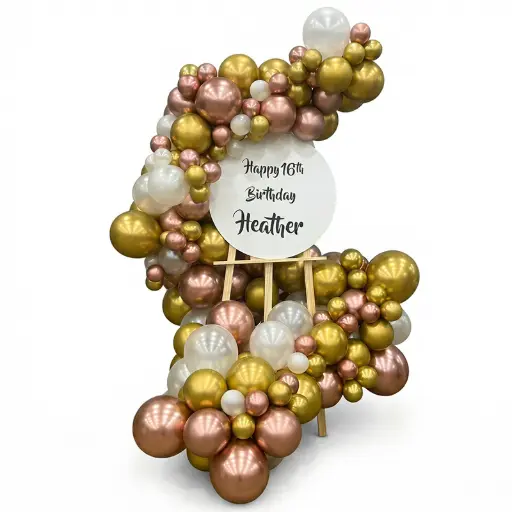 Gold Rose Birthday Balloon Stand with Custom Board