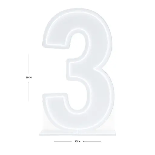 LED Number 3 Light Up Sign – Acrylic Illuminated Digit - 90 x 60 cm