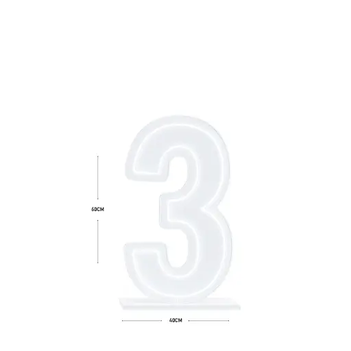 LED Number 3 Light Up Sign – Acrylic Illuminated Digit - 60 x 40 cm