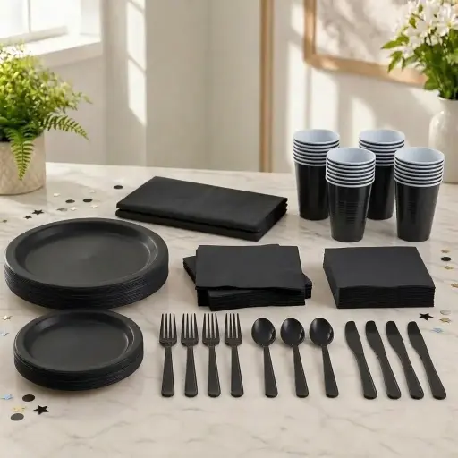 Black Disposable Tableware Set for 20 Guests